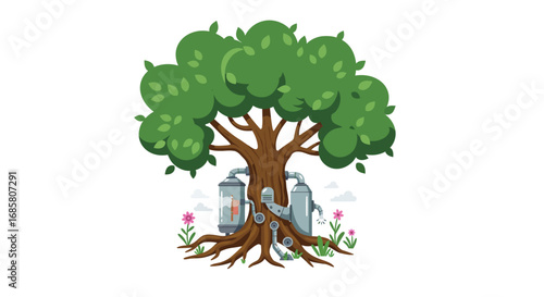 Futuristic robotic tree with machinery in a natural setting