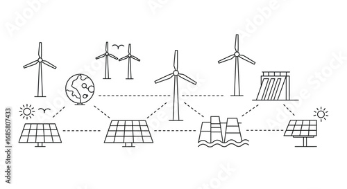 Linear renewable energy concept with solar panels, wind turbines, and hydroelectric plant