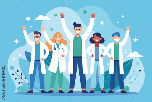 Healthcare professionals celebrate together in a cheerful, animated setting with vibrant colors