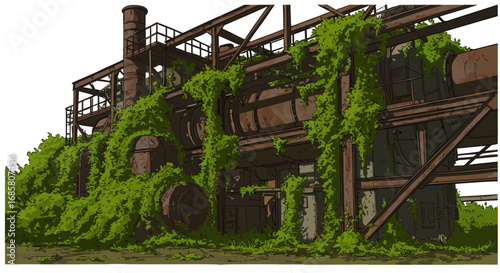 Abandoned industrial structure overgrown with lush green foliage and vegetation