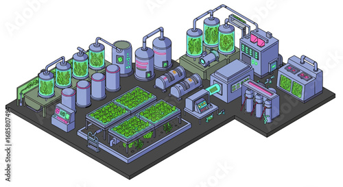 Isometric urban hydroponics farm with modern equipment and green foliage