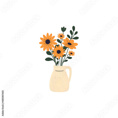 Sunflowers in Cream Pitcher: Vibrant Floral Arrangement Illustration