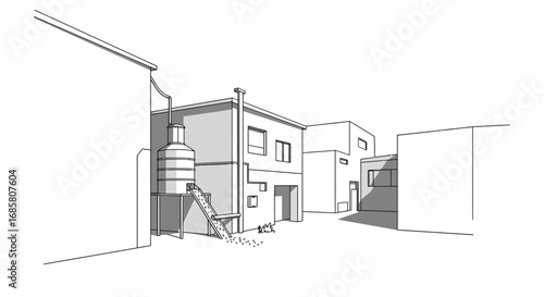 Minimalist linear urban scene with industrial water tank