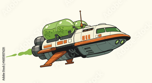 Futuristic cartoon spaceship with green pods and retro design