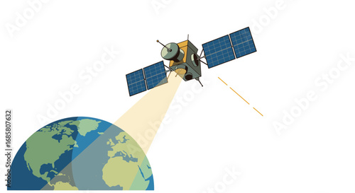 Satellite orbiting earth with solar panels and global communication beam