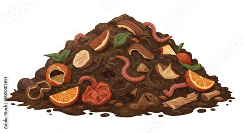 Organic compost pile with fruits, vegetables, and earthworms in realistic style