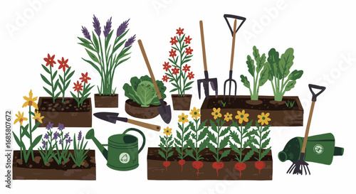 Colorful garden beds with tools and vegetables in a flat art style