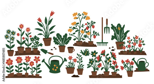 Flat style garden tools and flowering plants for eco-friendly gardening