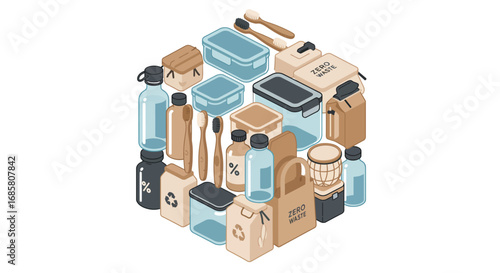 Sustainable packaging and eco-friendly products in modern isometric design