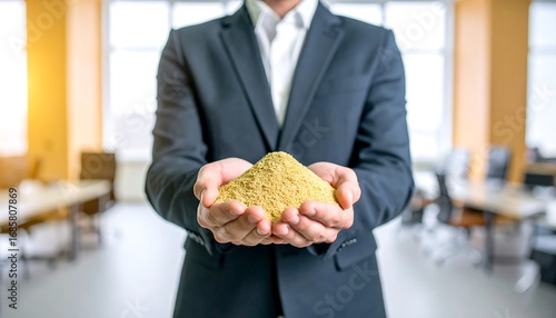 Businessman holding a pile of light yellow/tan powder in his hands