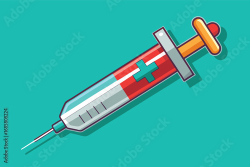 Colorful medical syringe illustration on vibrant turquoise background