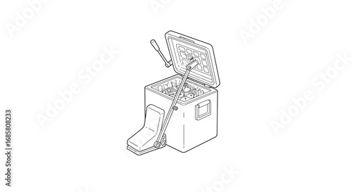Linear style handcart with open cooler box and ice cubes