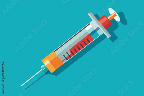 Syringe with red liquid on a bright blue background illustrating a medical concept