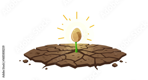 Hopeful sprout emerging from cracked earth into light