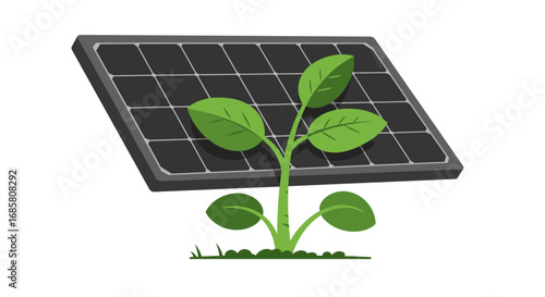 Sustainable energy concept with solar panel and green plant growth