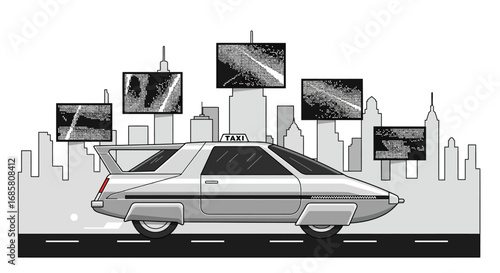 Futuristic taxi on modern city skyline with digital billboards