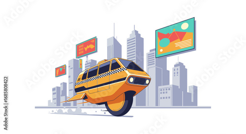 Futuristic taxi hovering through modern cityscape with digital billboards
