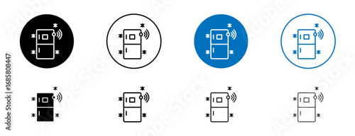 smart fridge icons set in black and blue colors on white background