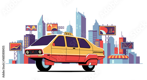 Retro futuristic taxi in a vibrant urban cityscape with neon billboards