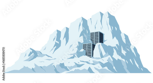 Mountain data center concept with futuristic buildings embedded in ice peaks