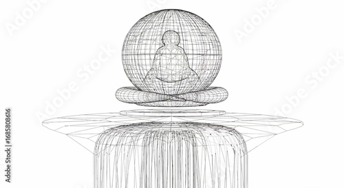 Wireframe meditation: digital buddha sculpture over abstract waterfall