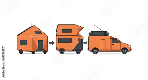 Evolution of orange camper: from cabin to van transformation concept