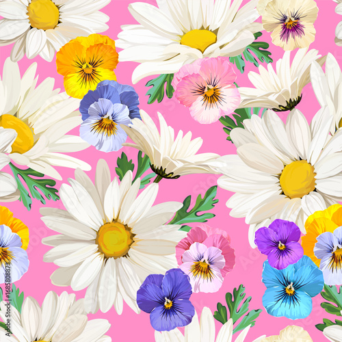 Pattern with summer and spring flowers. Vector floral pattern with bright flowers. For paper, fabric, packaging and interior design.