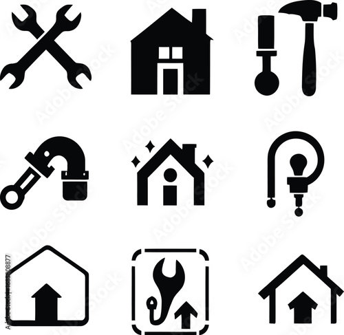 A collection of nine black and white icons representing home improvement and repair services in a grid format