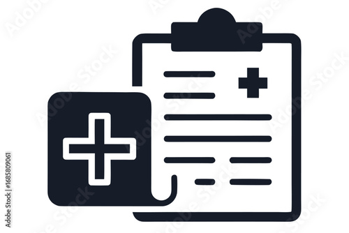 Health report document with medical information layout on clipboard and medical symbol