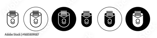 Woman electric epilator icons set in black and blue colors on white background