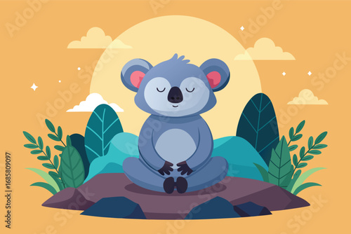 Koala meditating peacefully in a serene landscape at sunset