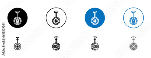Unicycle icons set in black and blue colors on white background