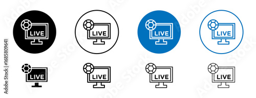 Soccer Live Match On TV icons set in black and blue colors on white background