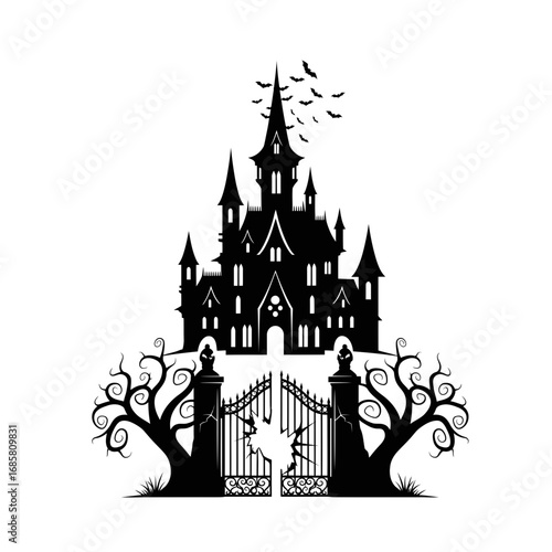 Vector art of silhouette of a spooky castle with a gate and bats flying around