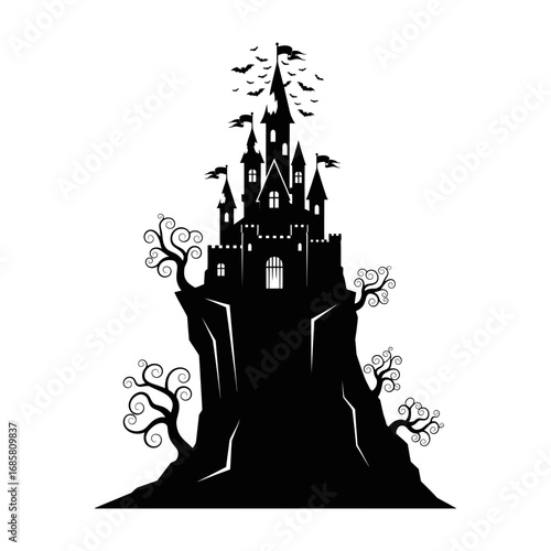 Vector art of silhouette of a spooky castle on a cliff with bats flying around