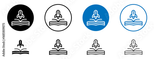 Science fiction icons set in black and blue colors on white background