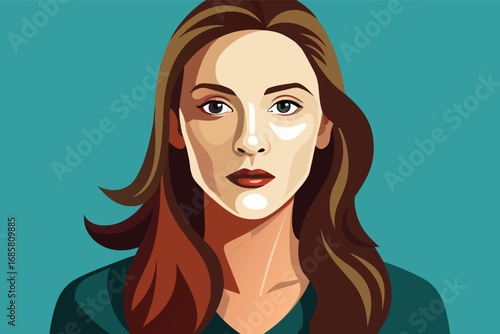 Digital portrait of a woman with long hair and a neutral expression on a teal background