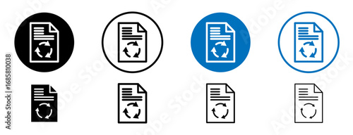 Recycled paper icons set in black and blue colors on white background