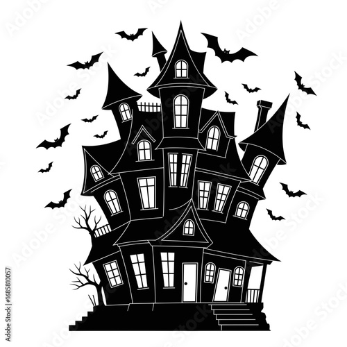 Vector art of silhouette of a spooky haunted house with bats flying around for halloween or gothic architecture design