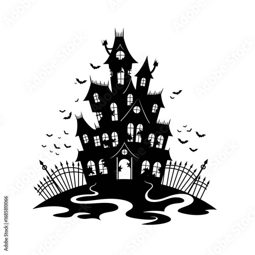 Vector art of silhouette of a spooky haunted house with bats flying around for halloween or gothic architecture design