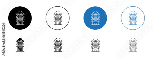 Porcelain Tower of Nanjing icons set in black and blue colors on white background