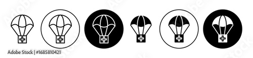 Parachute with first aid kit icons set in black and blue colors on white background