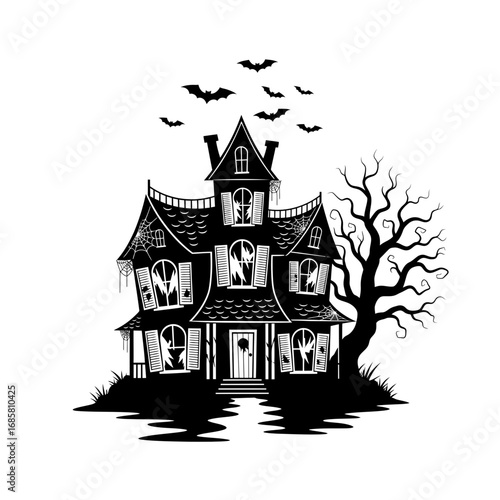 Vector art of haunted house with bats flying around, a spooky and scary mansion in black and white silhouette