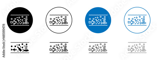 Ocean pollution icons set in black and blue colors on white background