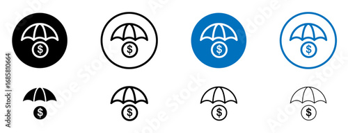 Money Insurance icons set in black and blue colors on white background