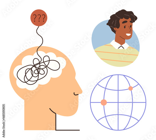 Head with swirling lines in the brain, thought bubble with question marks, smiling individual, and interconnected globe. Ideal for psychology, stress, confusion, self-improvement, communication