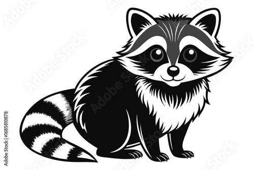 Raccoon sitting calmly with distinctive black and white fur in a playful pose