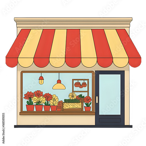 Floral Shop Illustration: Red and Yellow Striped Awning, Flower Boutique Exterior