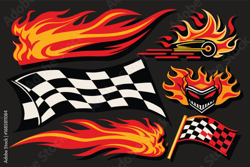 Flaming race elements showcasing speed and excitement in motorsport design