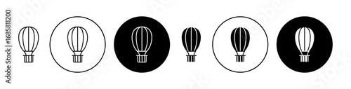 hot air balloon icons set in black and blue colors on white background